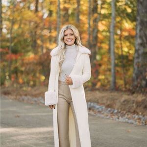 Elegant Cream Long Coat with Faux Fur Trim